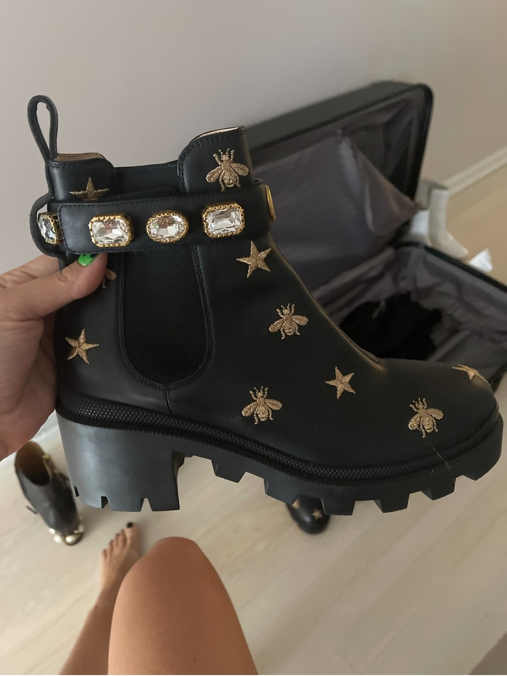 Gucci Black Woman’s Bee & Star Embroidered Chelsea Boots with Jeweled Strap - Picture 2 of 9
